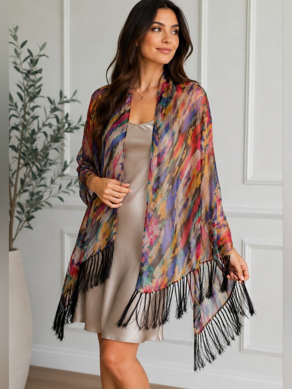 Colorful Abstract Silky Print Sheer Fringe Shawl/Wrap